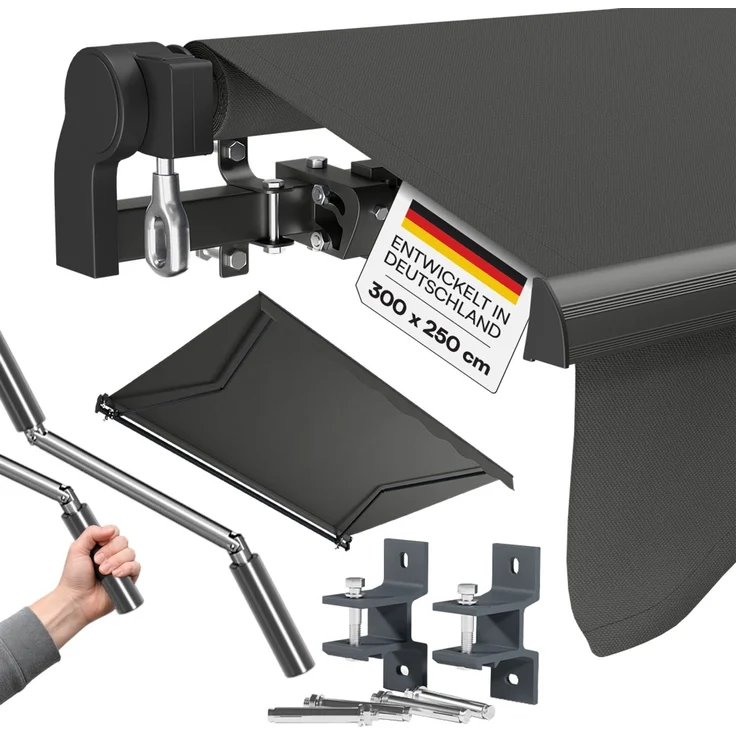 STEELSØN 'Kestria' Gelenkarmmarkise 300x250 cm, anthrazit, wetterfest und blickdicht, Markise mit Aluminium-Kassette und Wandhalterung, Balkonmarkise mit Handkurbel – Bild 1