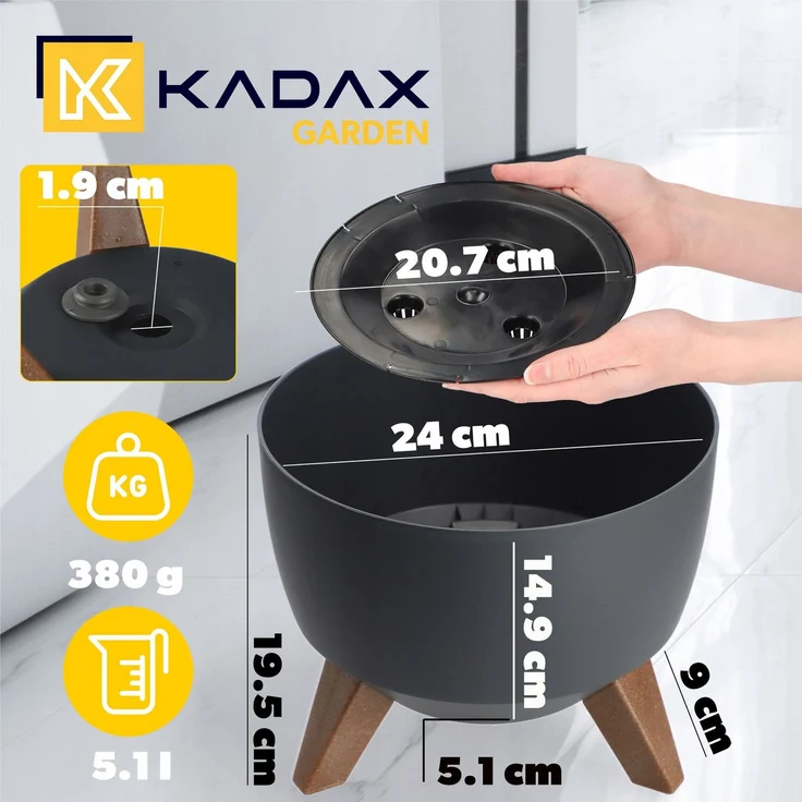 KADAX Blumentopf Blumentopf 24 cm Abdeckung + Einsteckbeine Blumenständer Anthrazit – Bild 2