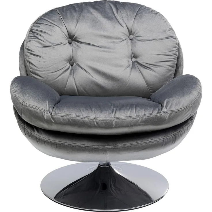 Kare Design Drehsessel Cosy, Grau, Sessel, Polstersessel, Samtoptik, Stahl Fuß, 360 Grad drehbar, Retro Look, 84 x 81 x 83 cm (H/B/T)