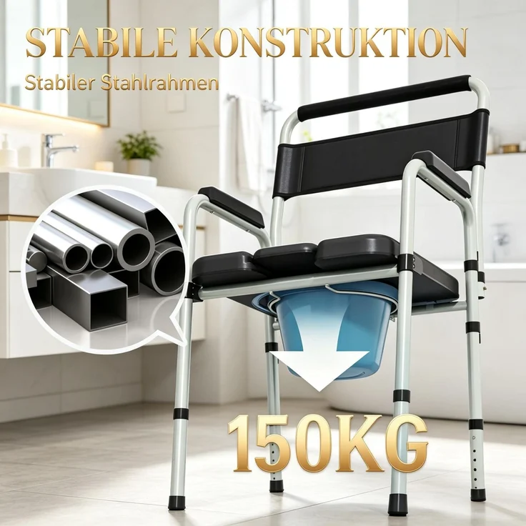 Klappbarer Toilettenstuhl mit Armlehnen und Rückenlehne,Tragbarer Sanitärstuhl,Klappbarer Toilettenstuhl,Höhenverstellbarer Toilettenstuhl als Duschhilfe(nur mit 1pcs Toilettenstuhl)--Schwarz--52.5x46x97cm--YOUDENOVA – Bild 5