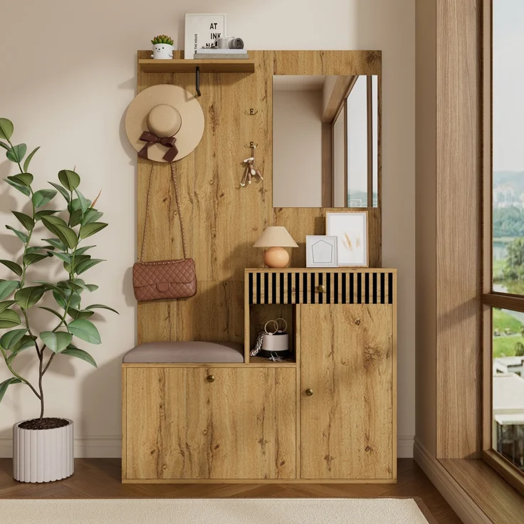 Flurschrank 110x37x185.5cm mit Sitzfläche,Soft-Close,verstellbaren Regalen,Spiegel,Haken,Schubladen,Stauraum,Natur – Bild 2