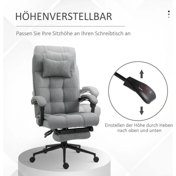Bürostuhl Erogonomischer Schreibtischstuhl mit Liegefunktion, Kopfkissen, Armlehne, höhenverstellbarer Drehstuhl mit Fußstütze Leinenoptik Hellgrau--Hellgrau--120x76x66cm--YOUDENOVA – Bild 6
