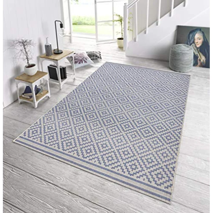 NORTHRUGS In- und Outdoor Teppich Raute 240x340 cm - Wetterfest Modern Geometrisches Raute Muster Design Teppich für Balkon Terrasse Garten Wintergarten Wohnzimmerteppich Wasserfest in Blau Creme – Bild 6