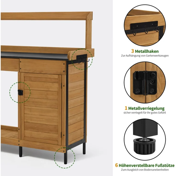 M MCombo Pflanztisch mit Schublade, Ablage, Verzinkter Arbeitsplatte & Schrank, Gärtnertisch Wetterfest mit 3 Haken, Blumentisch Massivholz für Garten, Balkon & Terrasse, 47 x 111 x 127 cm, 2049 (Natur) – Bild 5