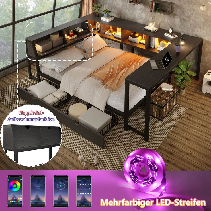 U-life Metallbett 140x200 cm, für Jugendliche, LED-Beleuchtung, Schreibtisch & Schubladen, Multifunktionales bett, MDF, Schwarz – Bild 4