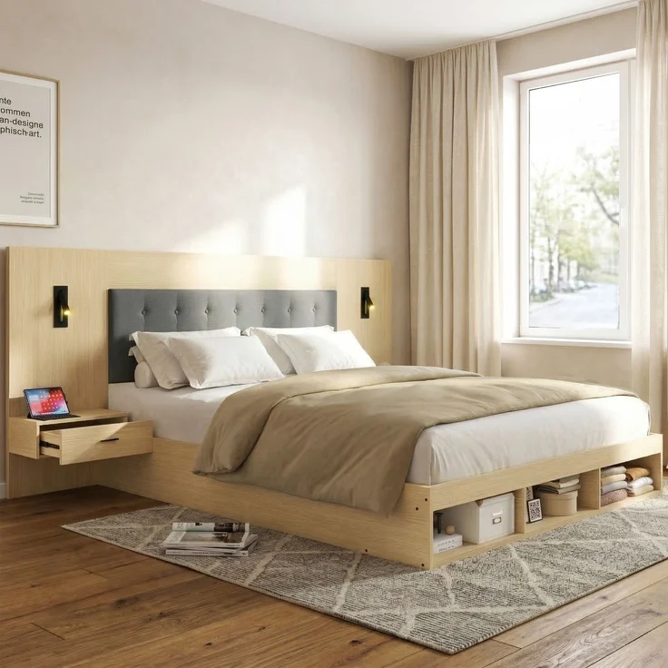 Merax Doppelbett 160*200cm, Stauraumbett, holzbett, Jugendbett, mit USB& Type-C-Ladestation und Leselampe, mit 2 Nachttische, heller Eichenfarbe – Bild 1