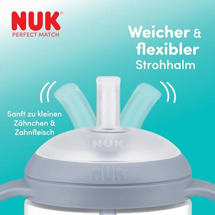 NUK Perfect Match Trinklernflasche mit Strohhalm | 6+ Monate | 150 ml | Auslaufsicherer Baby-Strohhalmbecher | Rutschfeste Griffe | Blau | 2 Stück – Bild 4