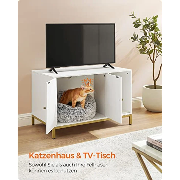 Feandrea Katzenklo-Schrank, Katzenhaus, Katzentoilette, mit Kratzmatte, hohe Beine, für Katzen, Beistelltisch, 80 x 50 x 55 cm, weiß-goldfarben PCL007W01 – Bild 8