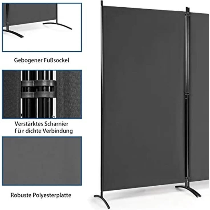 FANTASK 3-Panel Raumteiler, 260x183 cm, faltbar, freistehend, Trennwand Wandschirm mit verstellbaren Untersetzern, Wandteiler aus Metall & Polyester für Zuhause Büro Terrasse (Grau) – Bild 2