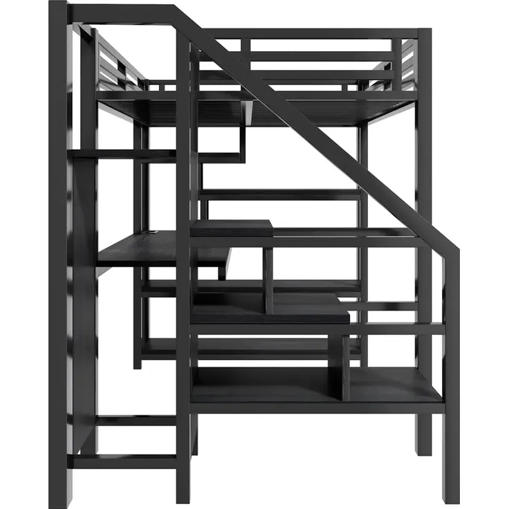 Hochbett mit Schreibtisch, LED-Streifen, Kleiderschrank, Regal, Treppe, Steckdose, USB, Rausfallschutz, 140x200cm, Kinderbett, Metallbett – Bild 8