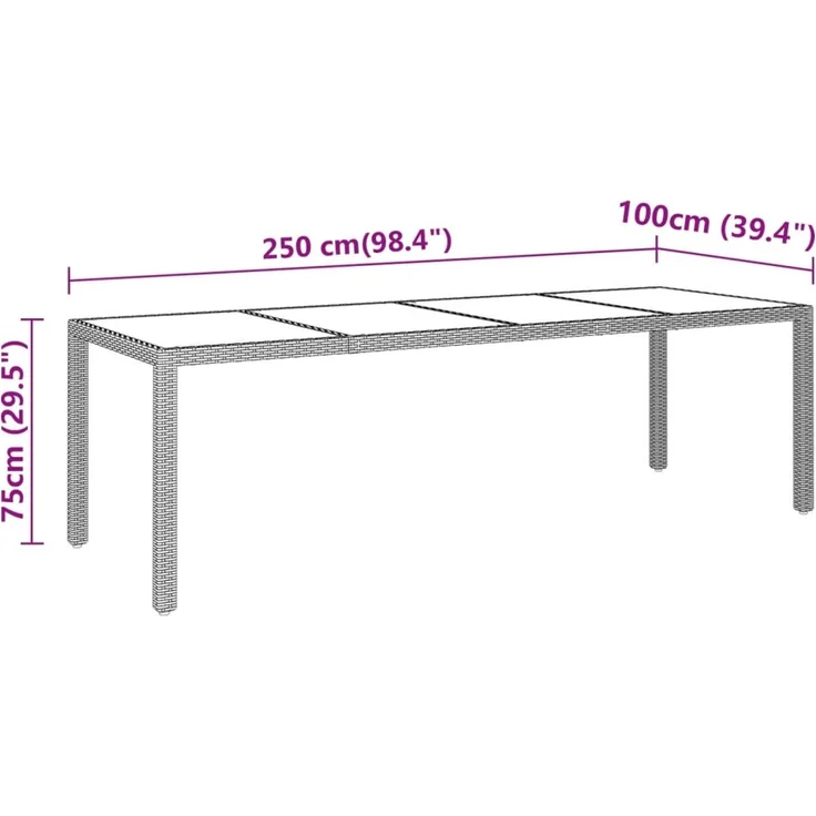 Gartentisch, Balkontisch, Esstisch 250 x 100 x 75 cm Hartglas und Poly Rattan Grau – Bild 5