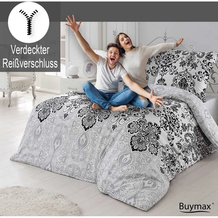 Buymax Bettwäsche Wendebettwäsche, Bettbezug-Set, Renforcé 100% Baumwolle, 3 teilig, 200x220 cm, elegant, mit Reißverschluss, Barock, Weiß, Grau – Bild 4