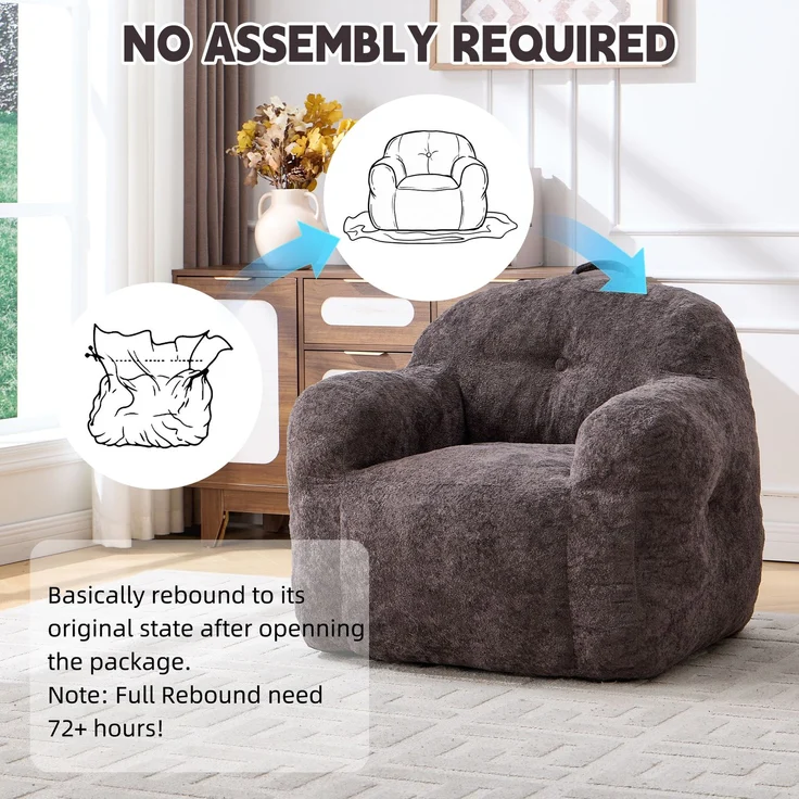Sitzsack mit Füllung aus Schaumstoffflocken, Kunstfell-Sitzsacksofa mit Armlehnen, für Wohnzimmer, Schlafzimmer und Leseecke, keine Montage erforderlich, Dunkelgrau – 95 x 95 x 79 cm – YOUDENOVA – Bild 7