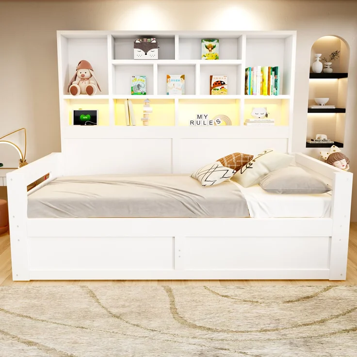 Schlafsofa aus Holz, 90 x 200 cm, Multifunktionaler Stauraum mit LED-Beleuchtung, Hydraulisches Staufach, Einzelbett, Jugendbettgestell mit Steckdosen, Weiß – Bild 3