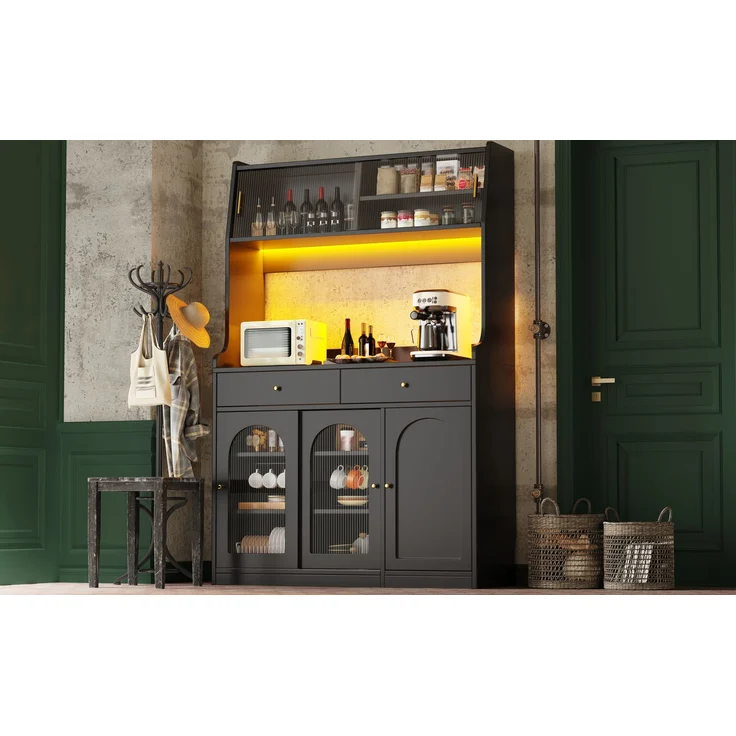 EINHOM Küchenschrank, Hochschrank, Vitrinenschrank, Buffetschrank mit Verstellbaren Ablagen, Esszimmerschrank mit 2 Schubladen, Sideboard mit LED-Beleuchtung, Variable Lichtfarben, Schwarz – Bild 4