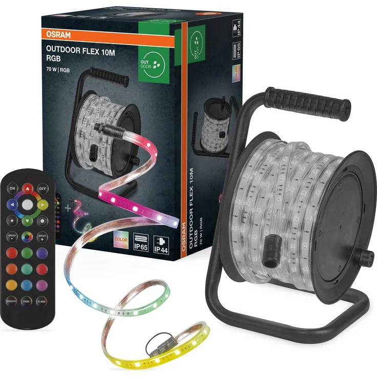Osram Outdoor Flex RGB LED Streifen 10M IP65, inkl. Fernbedienung, bis 50 m erweiterbar, mit Kabeltrommel, Anschlusskabel, Zubehör