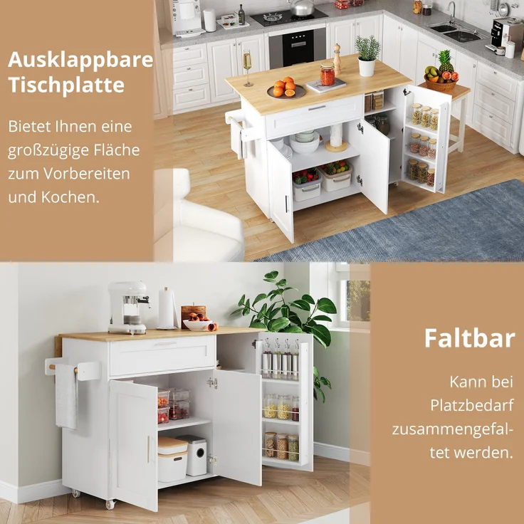Küchenwagen mit Klappplatte 132,5 x 44/70 x 90 cm, MDF in Weiß/Eiche-Optik, auf Rollen – Bild 8