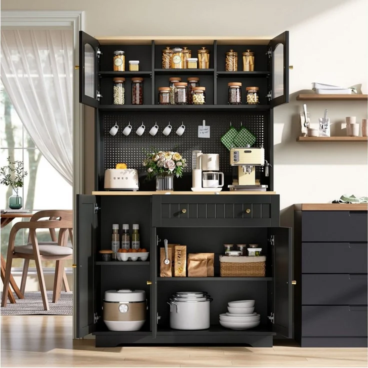 Merax Küchenbuffet Küchenschrank mit Vitrinentüren (1-St, Hochschrank Buffetschrank mit Schublade) mit verstellbaren Einlegeböden, Vorratsschrank mit Lochblech – Bild 3
