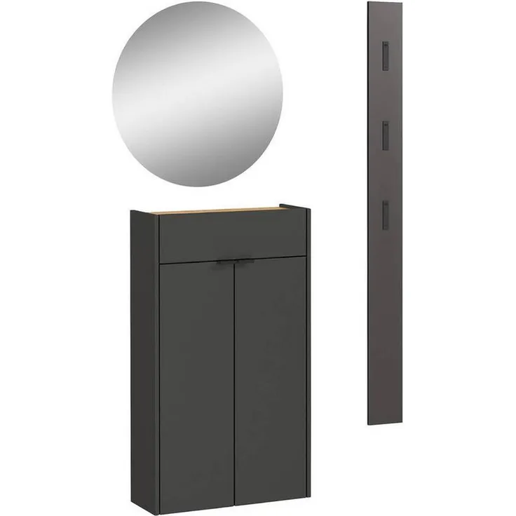 XXXL Garderobe GW-Ameca, 3-teilig in Graphit und Eiche, mit Spiegel und Schuhschrank, 86x200x22 cm