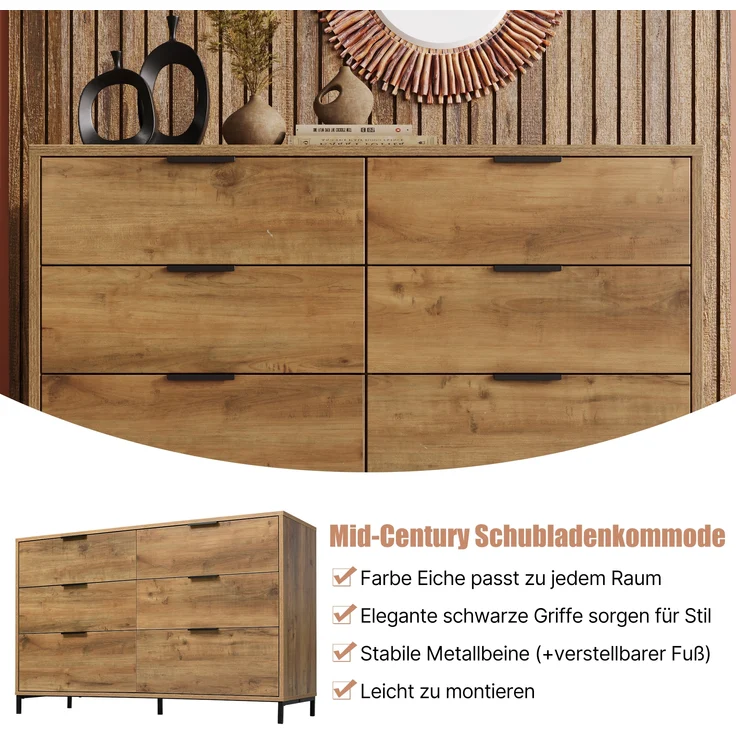 Kommode mit 6 Schubladen, Spanplatte & Metallgestell, 120x40x76 cm, Dunkle Eiche – Bild 8