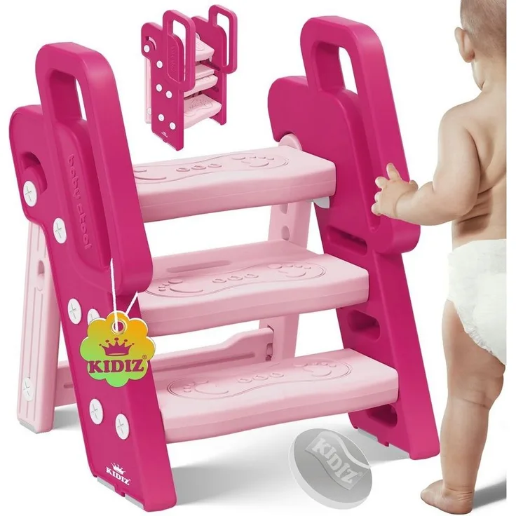KIDIZ® Tritthocker für Kinder Trittleiter Klappbar mit 3 Stufen | Faltbarer Lern-Turm ab 18 Monaten bis 6 Jahren | Robust | Sicherer & Stabiler Trittschemel | Höhenverstellbar Rutschfest Pink / Rosa