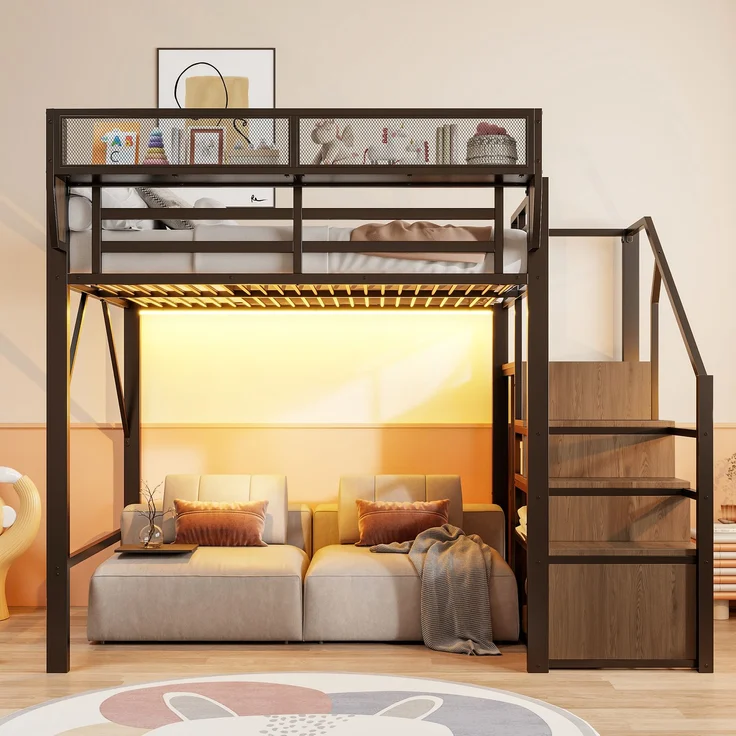 ZUBALIYA Hochbett 140 × 200 cm, Metall, LED-Beleuchtung, Leiter, Schwarz – Bild 3