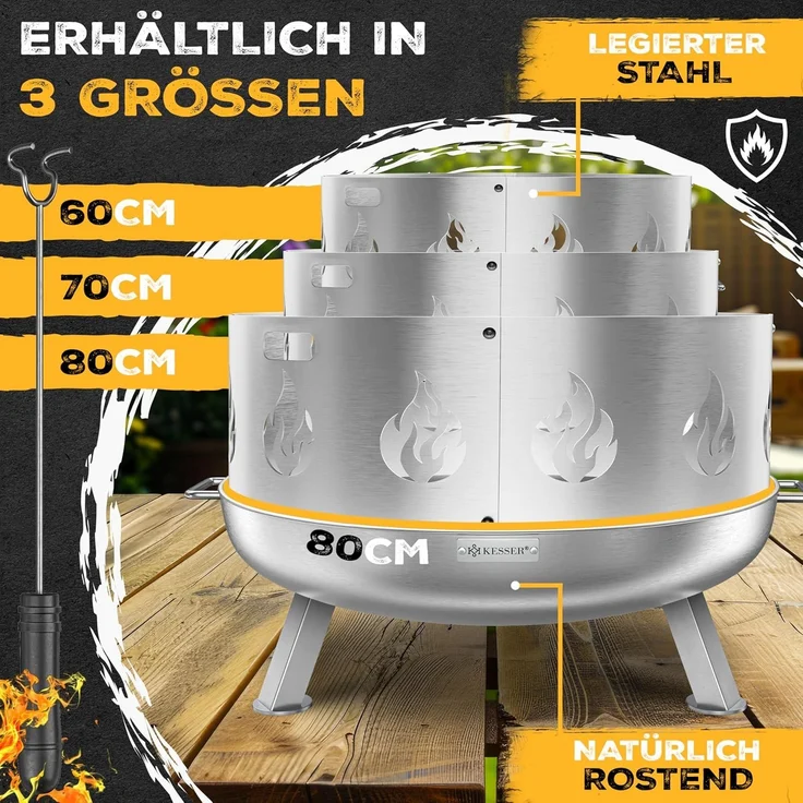 KESSER® Feuerschale mit 2,5 mm Stahldicke Feuerkorb aus Edelstahl / Stahl inklusive 42cm Feuerhaken aus Gusseisen, Wasserablauf & 2 stabile Griffe für Holz & Kohle Feuerstelle für Garten & Terrasse Ø 60 cm, Legierter Stahl + Funkenschutz – Bild 8
