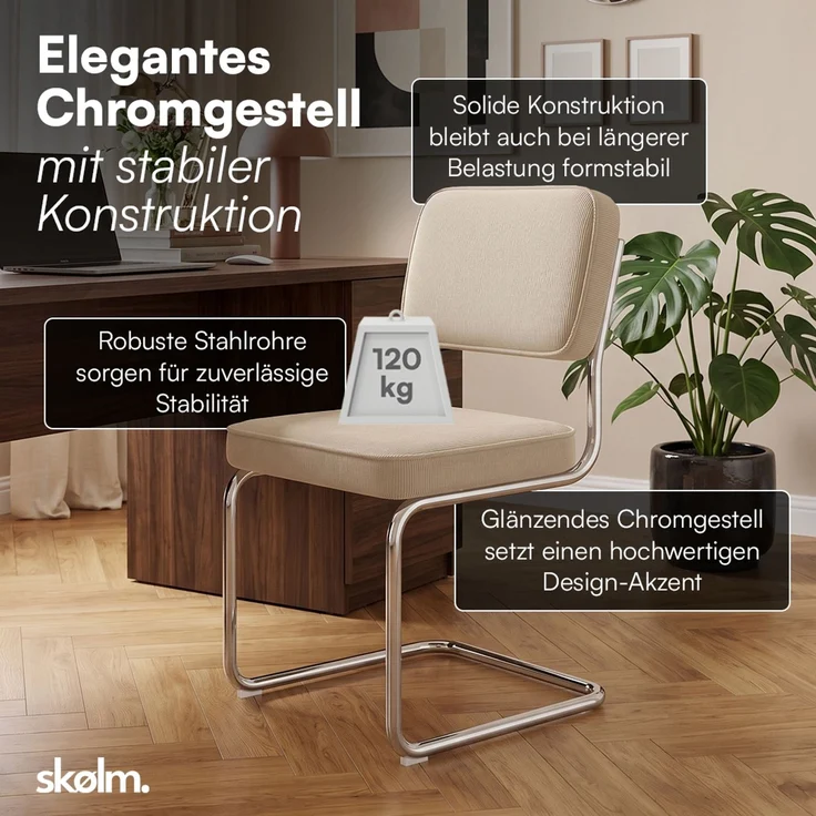 skølm 'Thund' Esszimmerstühle 2er Set, beige, Polsterstuhl aus Cord mit verchromten Metallgestell, Schwingstuhl bis 120 kg belastbar – Bild 4