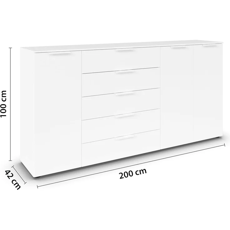 Rauch Möbel Flipp, Kombikommode, Kommode mit Stauraum für Wohnzimmer, Schlafzimmer, Flur, 4 Fachböden, Alpinweiß, 3-türig, 5 Schubkästen, Griffe weiß, 199 x 100 x 42 cm – Bild 3