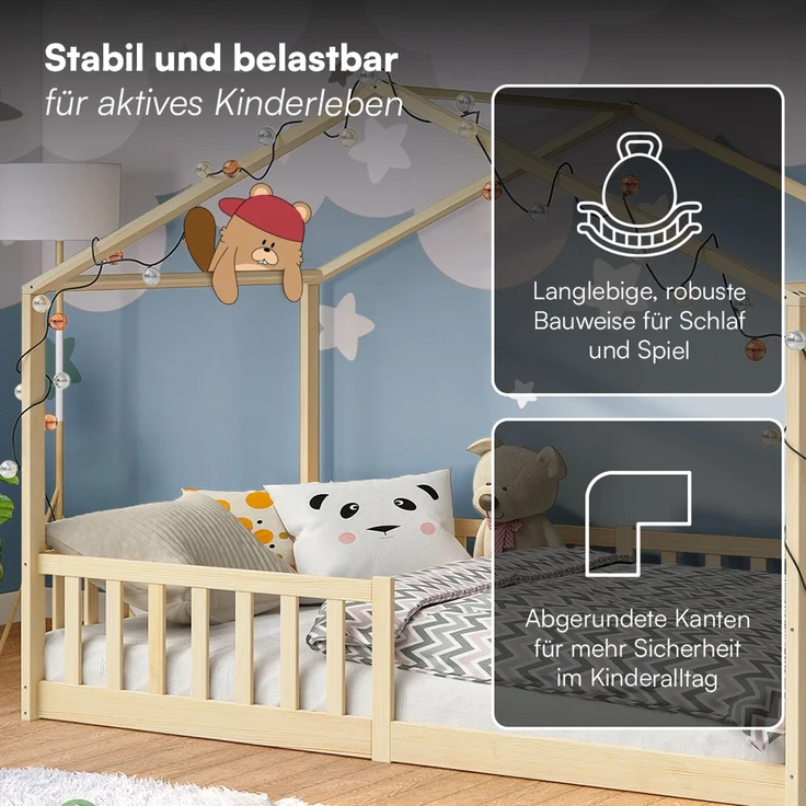 Bellabino 'Bia' Hausbett 120x200 cm, natur, Kiefer Massivholz, Bodenbett in Hausoptik, Montessori Kinderbett mit Rausfallschutz und Lattenrost – Bild 7