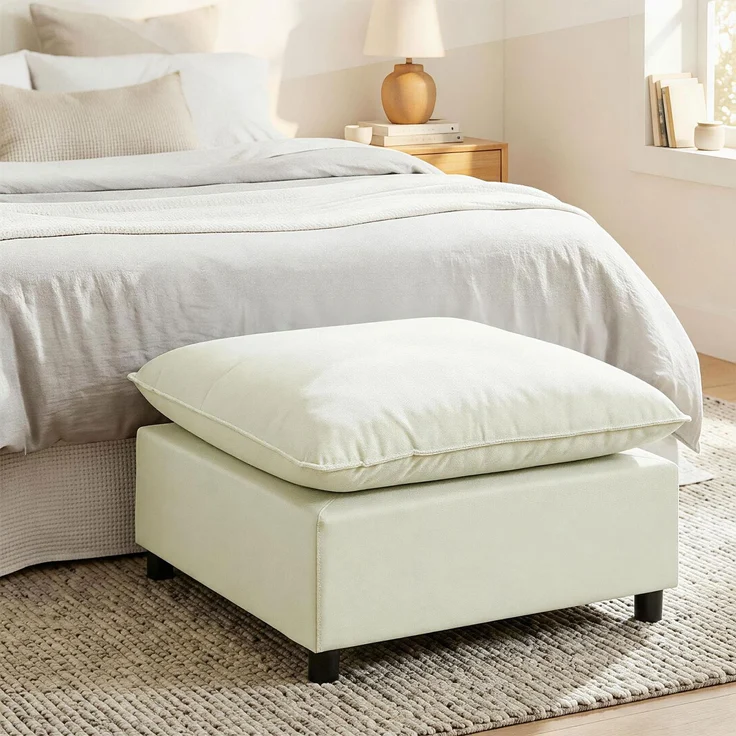 MELAYR, Fußhocker moderner Stoff-Ottomane mit Kunststoffbeinen für Wohnzimmer und Schlafzimmer, 75 cm, Cremeweiß – Bild 4
