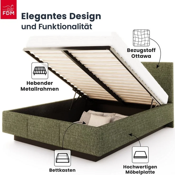 FDM Polsterbett ALMADA modern mit Bettkasten MADE IN EU - mit Ottawa Bezug (verfügbar 90x200 120x200 140x200 160x200 180x200 cm, Bettrahmen, Bett, mit großen gepolsterten Kopfteil, mit Bettkasten zum aufklappen), Hebbarer Metallrahmen, Bettkasten – Bild 3