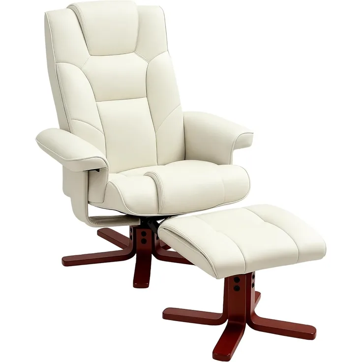 HOMCOM Relaxsessel mit Hocker, Liegefunktion, Wippfunktion (Gepolstert Liegesessel, 2-St, TV-Sessel), bis 150 kg, für Wohnzimmer, Kunstleder, Cremeweiß