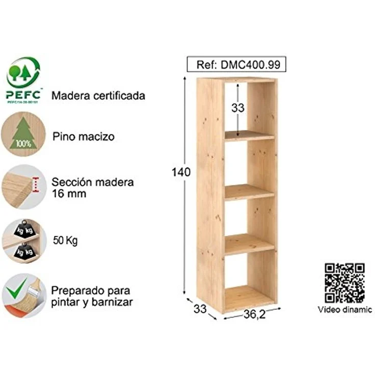 Astigarraga Kit Line Standregal Vollholz-Würfelregal mit vier Fächern, Bücherregal, Raumteiler, Unbehandeltes Kiefernholz – Bild 3