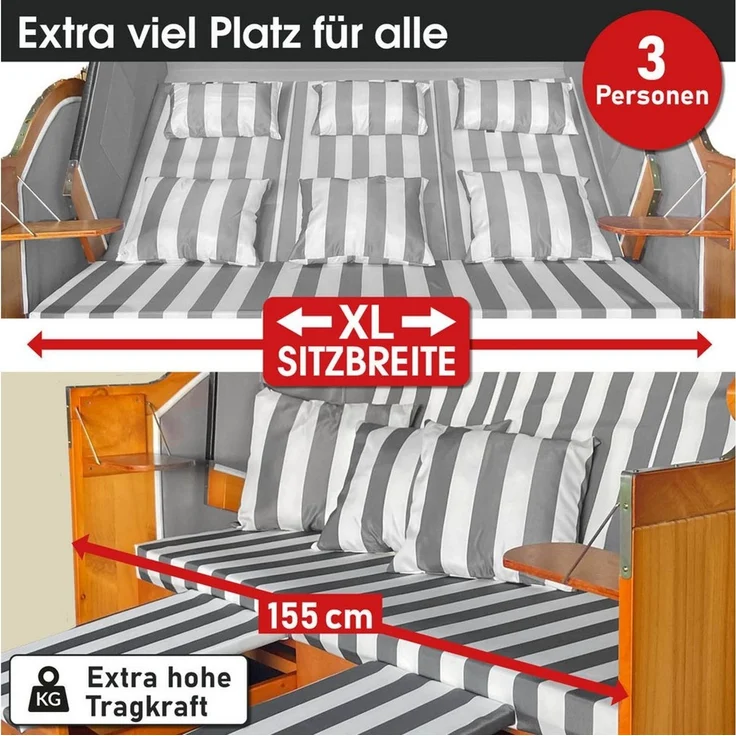 BRAST Strandkorb 3-Sitzer XL für 2-3 Personen, 155cm breit, 2 Designs, BxTxH: 155x78x160 cm, Volllieger, Ostsee, (verstellbare Rückenlehne), Tragkraft bis zu 500kg – Bild 2