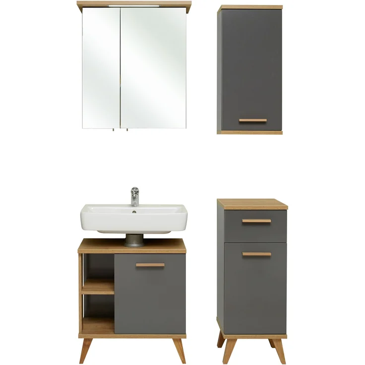 Pelipal Badmöbel-Set, Quickset 924, Quarzgrau Glanz/Riviera Eiche - Waschbeckenunterschrank, Spiegelschrank, Unterschrank, Hängeschrank – Bild 4