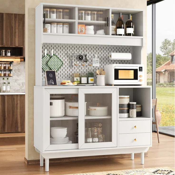 DESVIAE Sideboard Weiß aus MDF/Spanplatte – 117x170x30 cm – Riffelglas-Schiebetüren – Bild 3