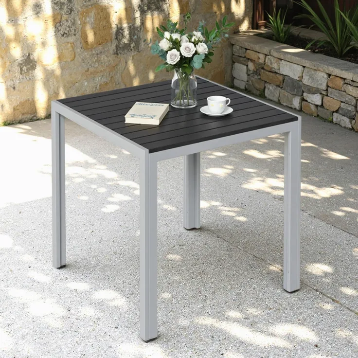 Clevich Gartentisch Wetterfeste, 75x75 cm, Outdoor-Esstisch, WPC-Balkontisch, Aluminiumrahmen, Wetterfeste Gartenmöbel, quadratischer Terrassentisch, Silber Grau