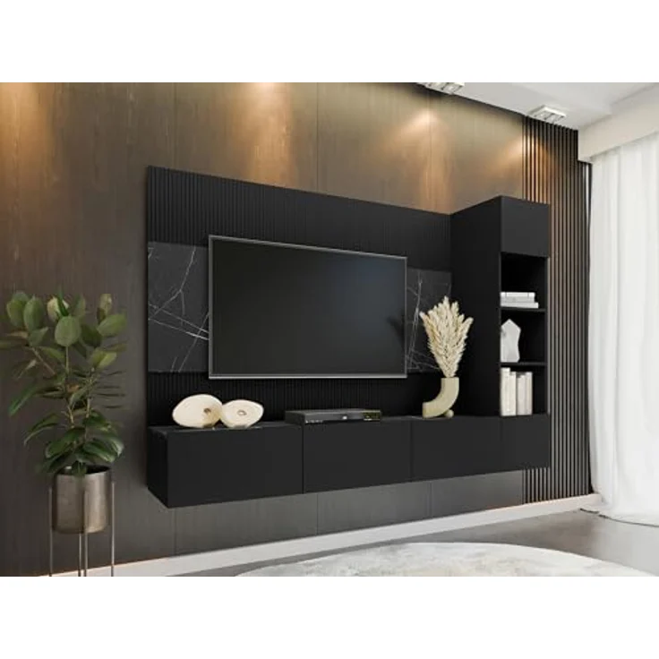 Mirjan24 Wohnwand, Schwarz, Holzwerkstoff in Marmor Optik, 220x150x38 cm, modernes Anbauelement für Wohnzimmer – Bild 2