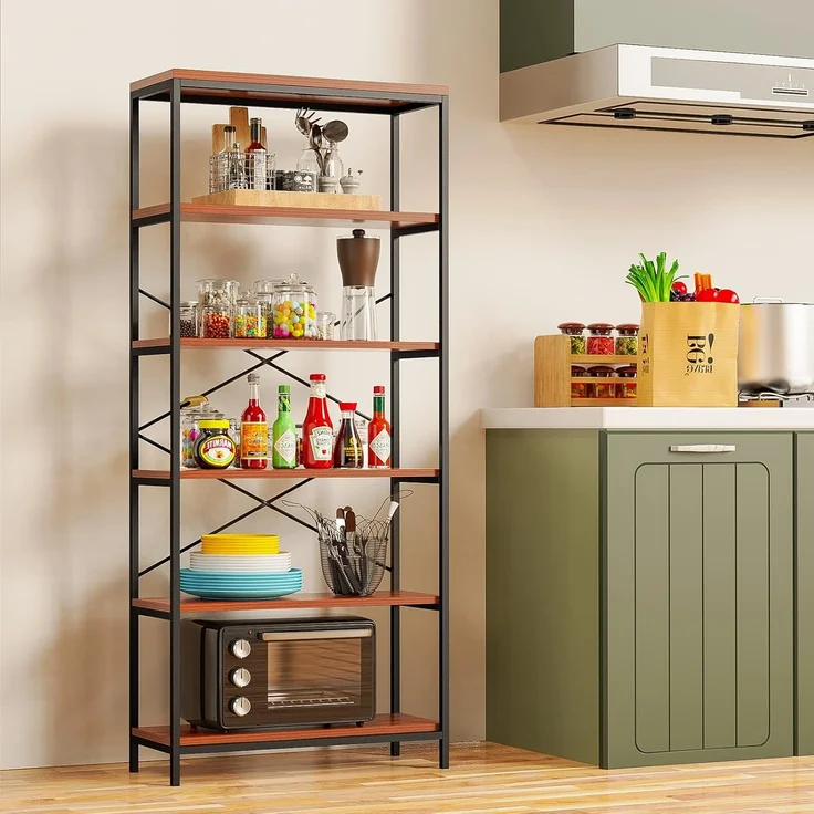 5-stöckiges industrielles Bücherregal, Vintage stehendes Lagerregal, Ausstellungsregale, hohes Bücherregal, industrielle Metall-Bücherregale für Wohnzimmer, Schlafzimmer und Heimbüro – Bild 9