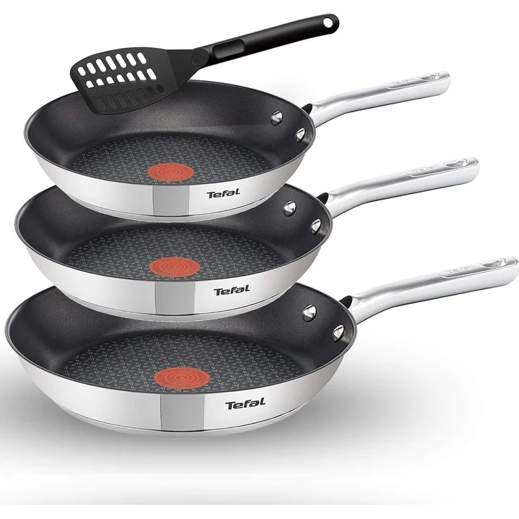 Tefal A704S3 Duetto 3-teiliges Bratpfannen-Set | 20,24 und 28 cm | integrierter Temperaturindikator | geeignet für alle Herdarten, auch für Induktionsherde | Edelstahl/Schwarz | 51,5 x 35,5 x 18 cm – Bild 2