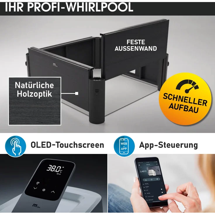 BRAST Whirlpool 'MSpa Oslo', 160 x 160 x 65 cm, mit fester Außenwand, LED-Beleuchtung (20 Farben), für 6 Personen, 120 Massagedüsen, ganzjähriger Einsatz, winterfest, für Indoor & Outdoor – Bild 7