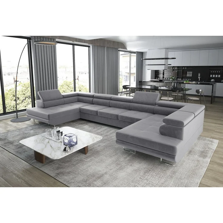 thematys Ecksofa Aston U 403 x 203 cm, mit Schlaffunktion, mit Bettkasten, mit verstellbaren Kopfstützen, Hellgrau (Monolith 84), Ausrichtung 390 cm|350 cm – Bild 1