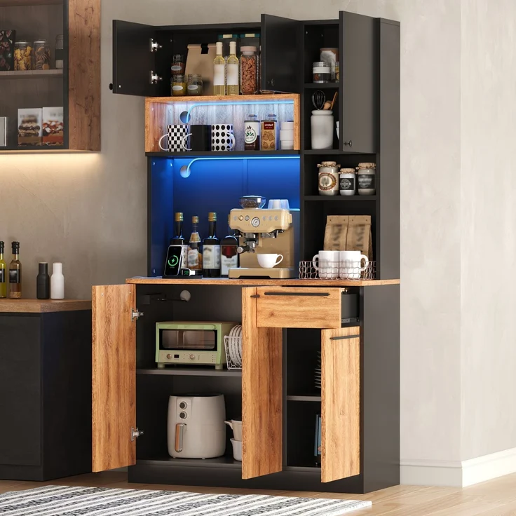 ZUBALIYA Buffetschrank 100x40x180 cm, mit LED-Beleuchtung, mit Steckdosen, mit 6 Türen, aus MDF, Natur – Bild 7