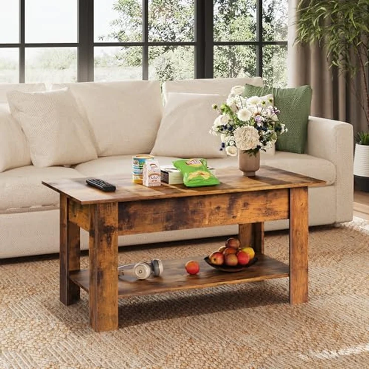 WLIVE Höhenverstellbarer Couchtisch mit Ablage, Wohnzimmertisch Rechteckig mit Offener und versteckter Stauraum, Kaffeetisch für Wohnzimmer, Schlafzimmer (Industriell, Rustikales Braun) – Bild 9