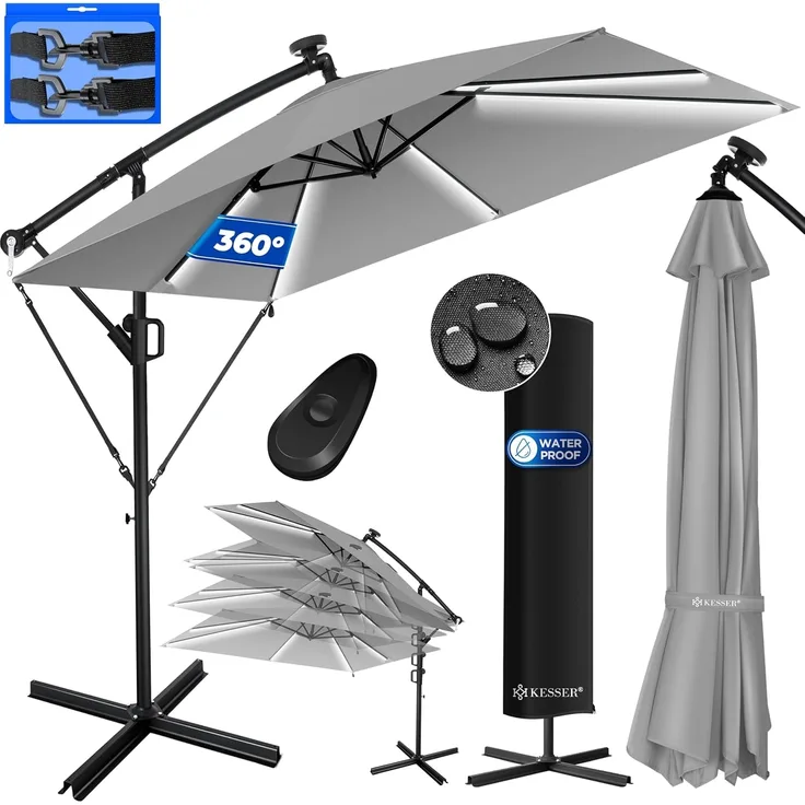 KESSER® Ampelschirm Holly Sonnenschirm Rechteckig LED Solar inkl. Abdeckung + Windsicherung mit Kurbel | Kurbel-Schirm mit Ständer UV-Schutz Aluminium Wasserabweisend Ø350cm Gartenschirm Hellgrau