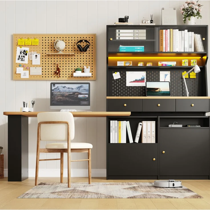Hochschrank mit Schreibtisch, MDF und Glas, LED per App, USB-Anschluss, 137x74x177,7 cm, Schwarz – Bild 6