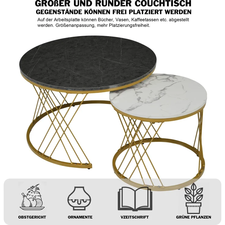 Nesting Couchtisch Set marmoroptik, 2-teilig, 70/45x70/45 cm, grau+gold – Bild 9