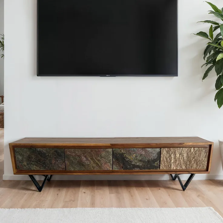 FineBuy Lowboard Sheesham Massivholz 160 cm, TV Board mit Front in Steinoptik & schwarzem Metallgestell, Fernsehschrank Industrial Design, TV Möbel Wohnzimmer Holz Metall