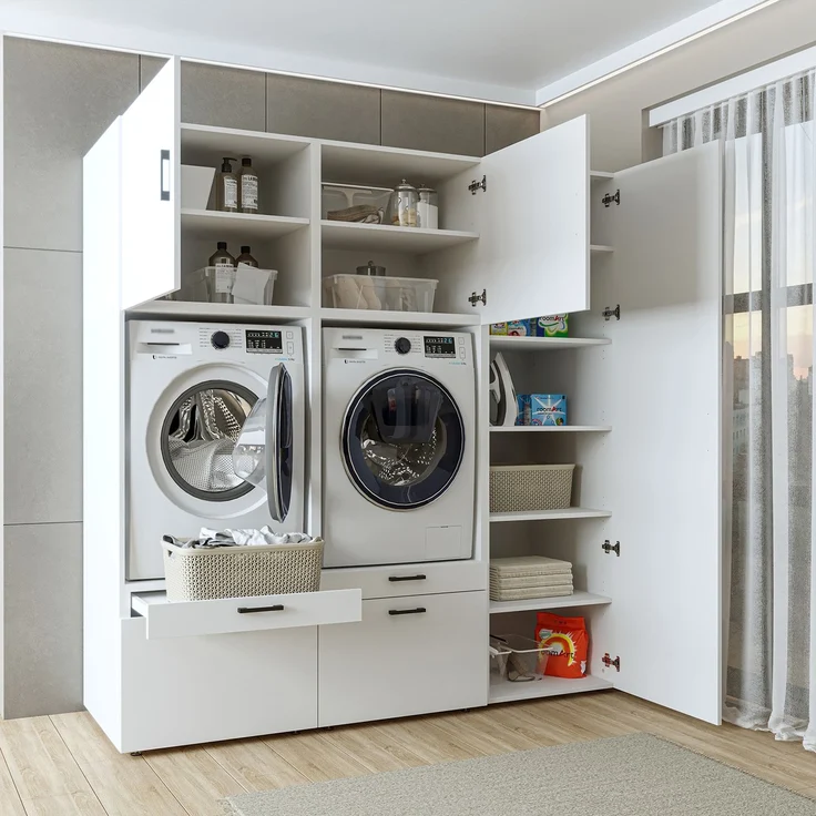 Roomart Waschmaschinenschrank Doppelschrank – SERIE 2 – 194 cm breit, Überbauschrank für Waschküche & Hauswirtschaftsraum – 205 cm hoch – mit Ausziehbrett & Schubladen – • Weiß – Bild 7